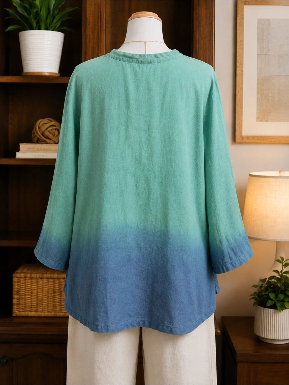 Dana Buchman 100% Linen Twinset Ombre Blue Green Coastal Grandma Cardigan Sz 12